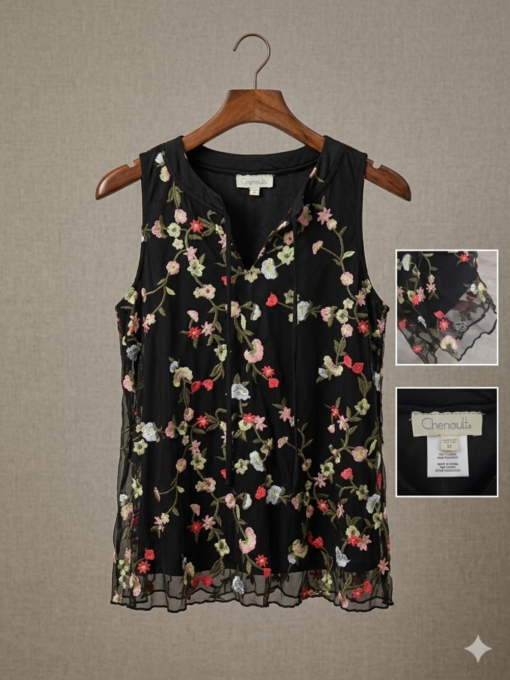 🛍 5/$25🛍Chenault Black Sleeveless Floral Embroidered Overlay Top